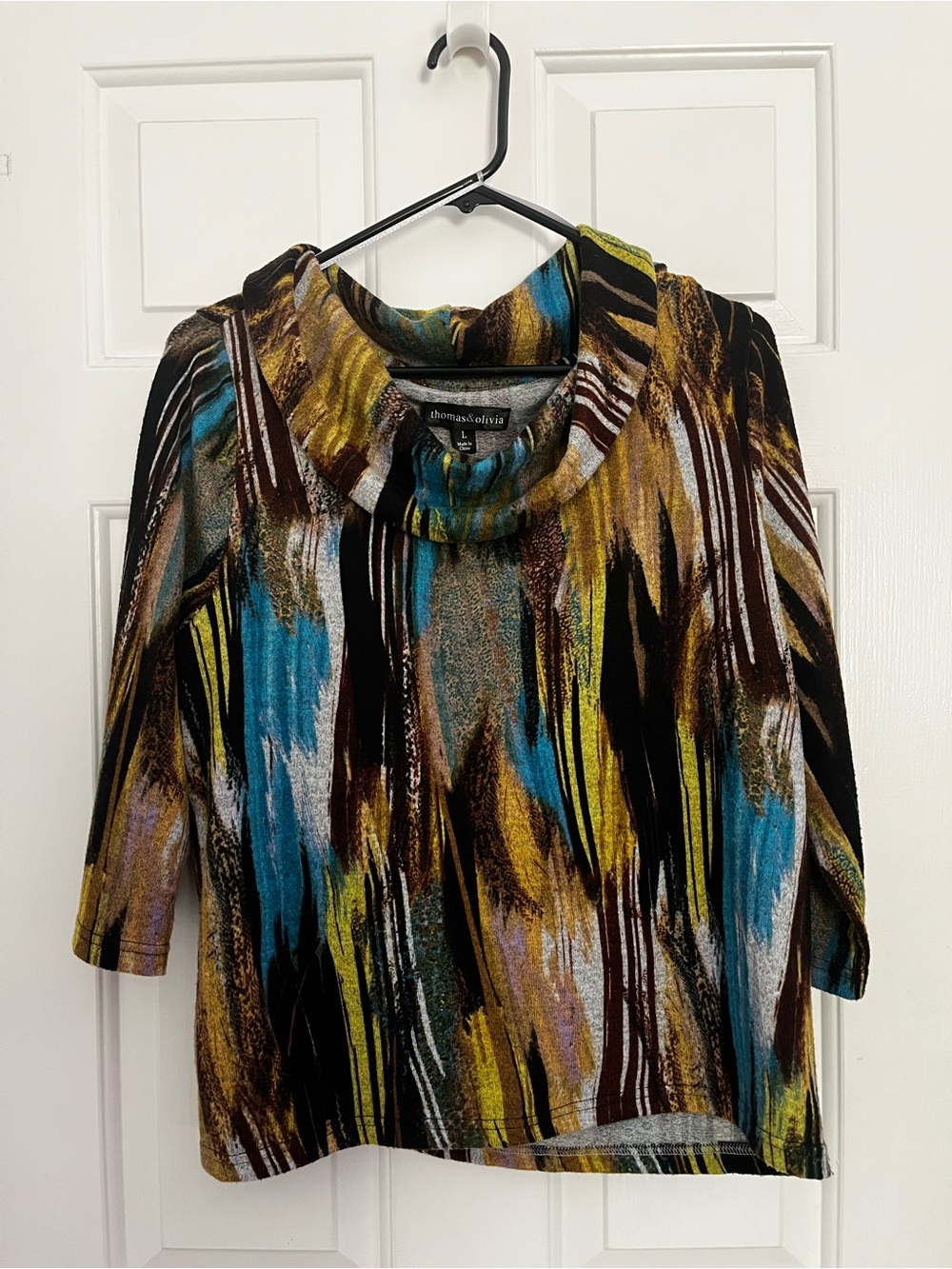 thomas & olivia Multicolor Brushstroke Cowl-Neck Top in Teal & Mustard